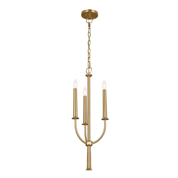 Florence 11.25 in. 3-Light Brushed Natural Brass Traditional Candle Linear Mini Chandelier for Dining Room