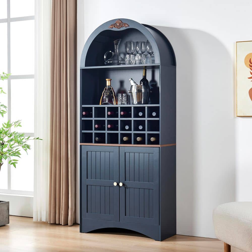 Blue 70.86 in. H MDF Wood Arched Storage Wine Cabinet with Removable Wine Rack and 2 Doors