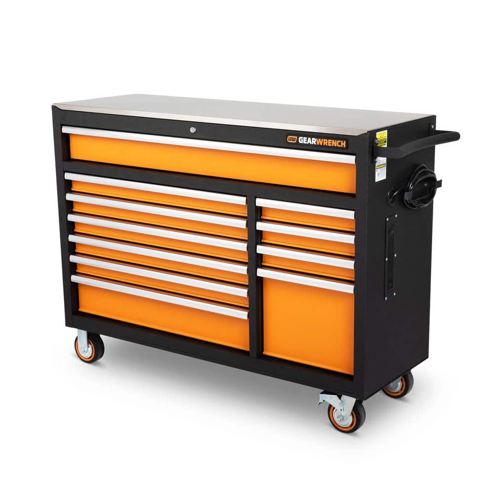 GEARWRENCH GSX 52 in. x 18 in. 11-Drawer Orange and Black Powder Coated Steel Rolling Tool Cabinet with Stainless Steel Worktop, Silver/ Black/ Orange -  83247