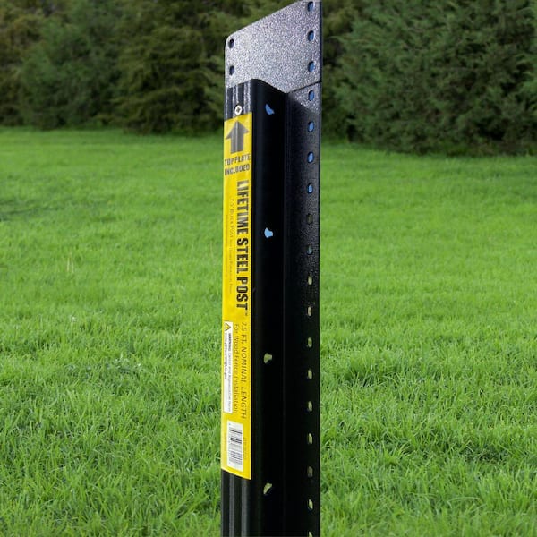 8 ft. x 4 in. Powder Coated Black Steel Metal Fence Post with Top Plate for In-Ground Line Applications