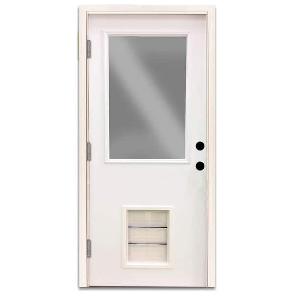 Steves & Sons 32 in. x 80 in. Element Series Half Lite White Primed Steel Back Door Right Hand Outswing with Large Pet Door