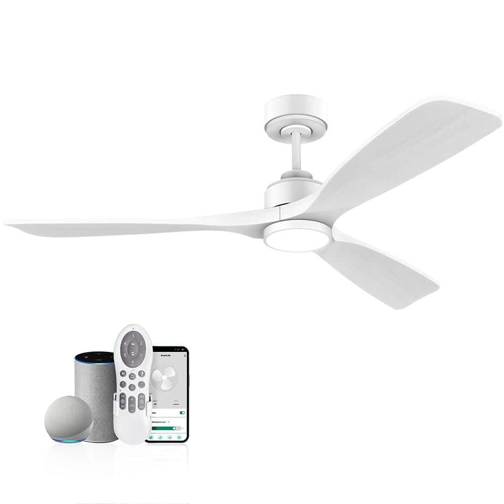 52 in. Wood Smart Outdoor/Indoor White Ceiling Fans with Lights Remote, Voi