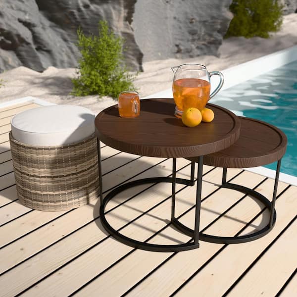 COOS BAY 3-Piece Light Brown 22.8 in. Round Wood Top Coffee Table with Nesting Table, Wicker Ottoman with Beige Cushion