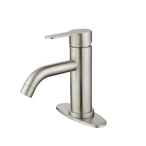 Waterfall Spout Single Handle Single Hole Bathroom Faucet with Deckplate Included and Pop-Up Drain in Brushed Nickel