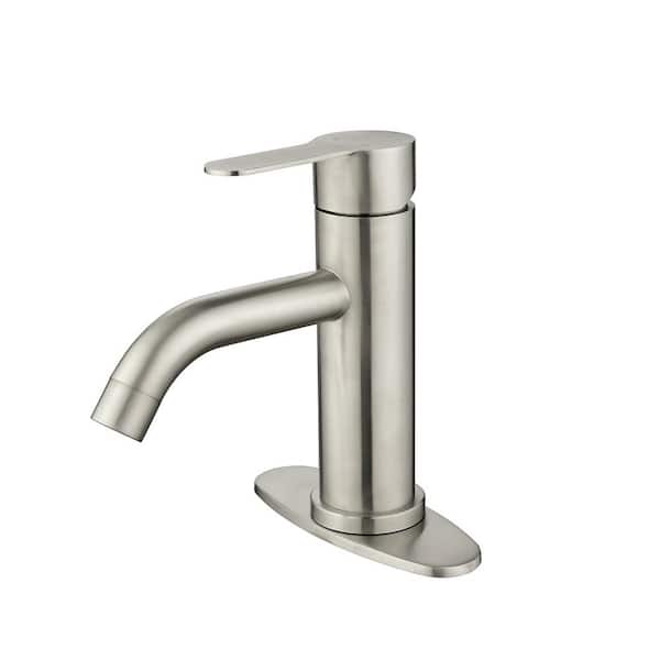 Lukvuzo Waterfall Spout Single Handle Single Hole Bathroom Faucet with Deckplate Included and Pop-Up Drain in Brushed Nickel
