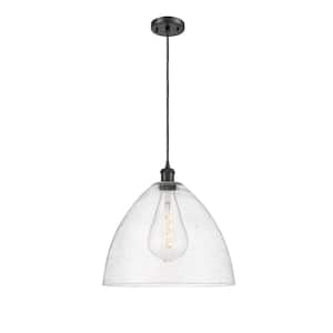 Bristol Glass 60-Watt 1 Light Matte Black Shaded Pendant Light with Seeded glass Seeded Glass Shade