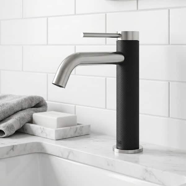 Madison Single Handle Single-Hole Bathroom Faucet in Brushed Nickel and Carbon Fiber