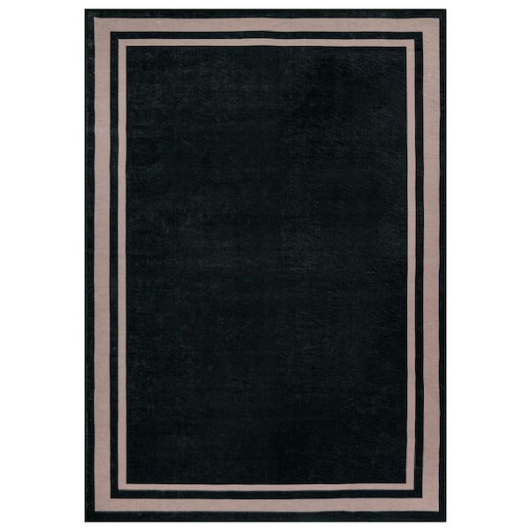 Framed Border Machine Washable Polyester Non-Slip Backing 8 ft. x 10 ft. Black Area Rug