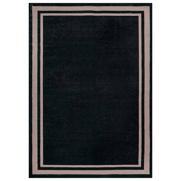 Framed Border Machine Washable Polyester Non-Slip Backing 9 ft. x 12 ft. Black Area Rug