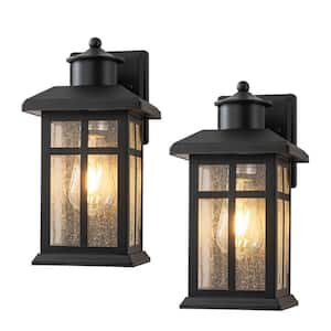 12 in. Black Outdoor Hardwired Wall Lantern Sconce with Clear Seeded Glass, No Bulbs Included (2-Pack)