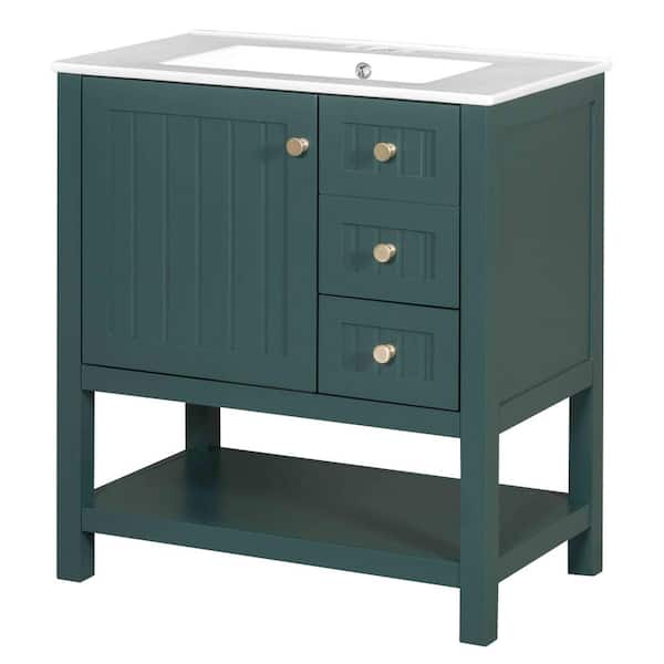Adrinfly 30 in. W x 18.3 in. D x 33.59 in. H Freestanding Bath Vanity in Green with Ceramic Sink Top, Single Door and Two Drawers