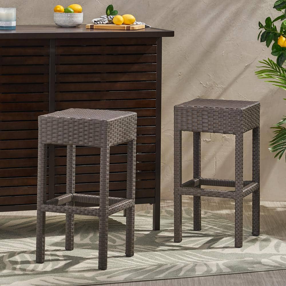 Metal Backless Outdoor Bar Stools - Set of 2, Dark Brown