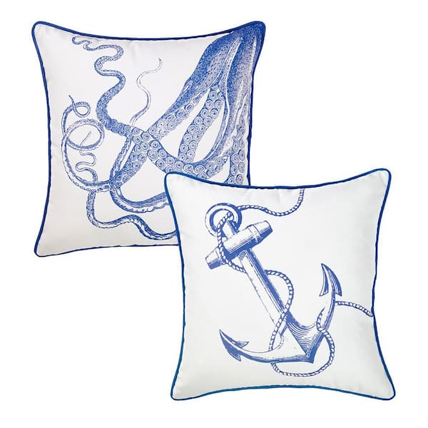 MIKE & Co. NEW YORK Nautical Coastal Anchor and Octopus Decorative Set 2 Throw Pillow Covers 18 in. in. x 18 in. in. Square White and Blue