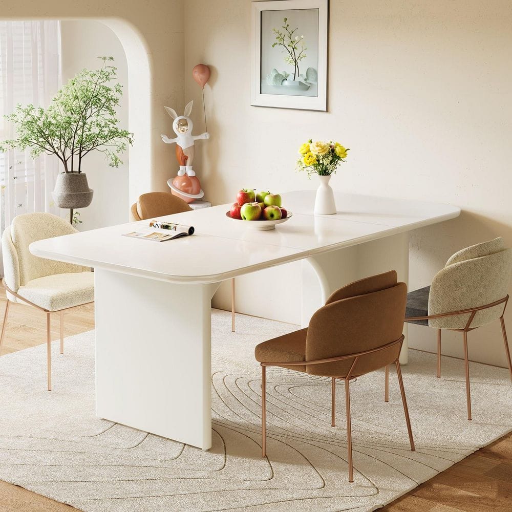 Roesler Rectangular White Wood 63 in. Pedestal Dining Table Seats 4-6 Kitchen Table for Dining Room Living Room Kitchen