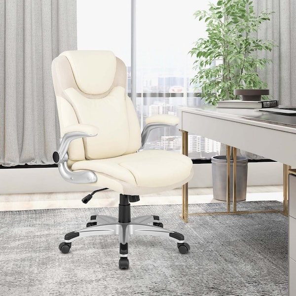 Costway Faux Leather Swivel Ergonomic Office Chair PU Leather Executive with Flip-up Armrests in Beige