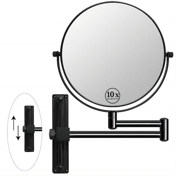 Tileon 8 in. W x 8 in. H Small Round 2-Side 1X/10X Magnifying Height Adjustable Telescopic Bathroom Makeup Mirror in Black V3