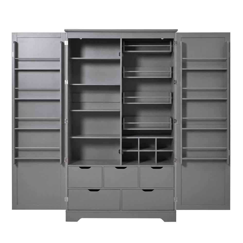 72" Kitchen Pantry Cabinet with 5 Drawers, 4 Pull-Out Trays, 8 Door Racks and Adjustable Shelves