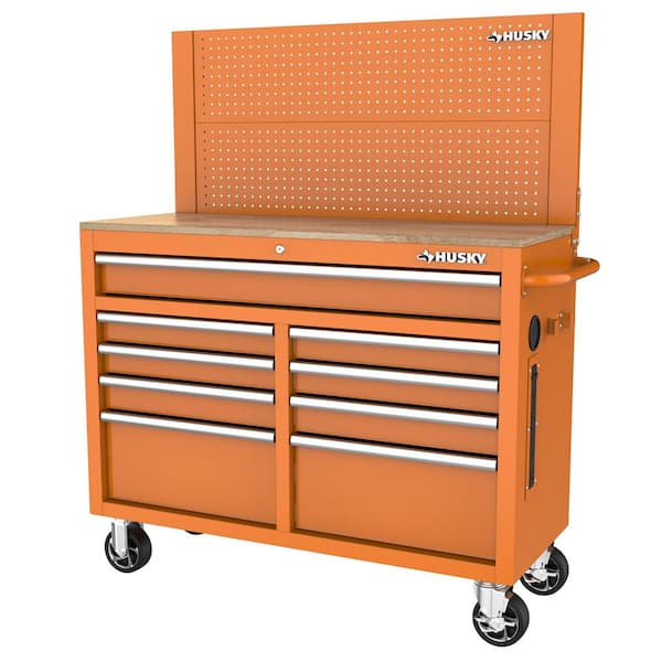 Husky 46 in. Orange Mobile Workbench with Wood Top and Steel Husky 46 in. Orange Mobile Workbench with Wood Top and Steel