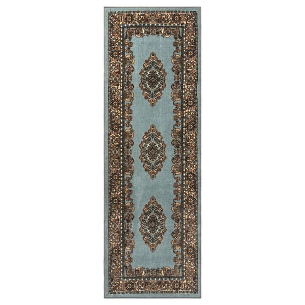 SUPERIOR Aviva Blue/Green 2 ft. 7 in. x 8 ft. Non-Slip Traditional Floral Medallion Nylon Area Rug