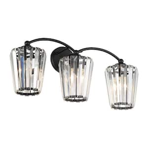 Natalia 24.5 in. 3-Light Black Vanity Light with Clear Ridged Crystal Shades