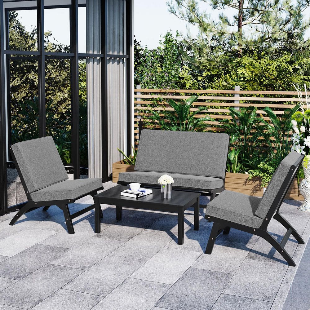 4-Piece V-shaped Wood Outdoor Chaise Lounge Sofa Set with Gray Cushion price history on PriceWatchPro