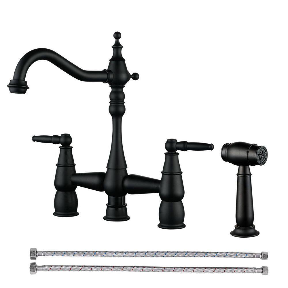 Solid Brass 4 Hole Deck Mount Double Handle Bridge Kitchen Faucet with Removable Aerator in Matte Black price history on PriceWatchPro