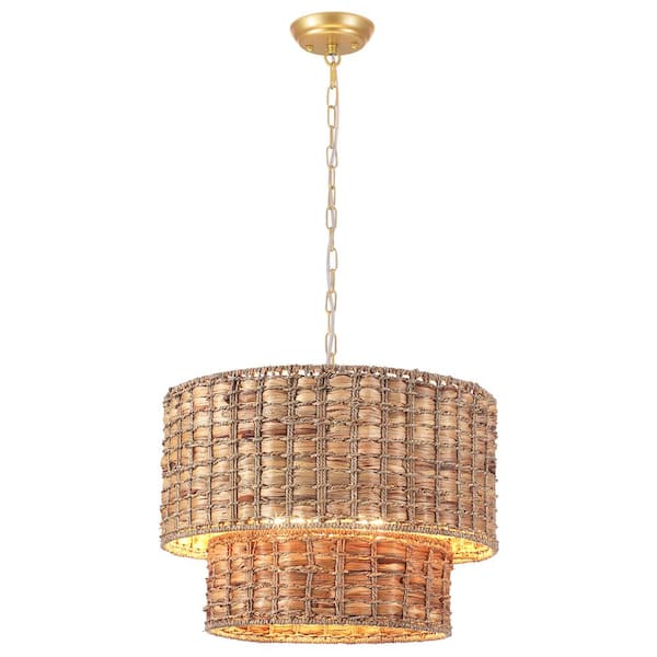 LWYTJO 18.9 in. 5-Light Hemp Rope Drum Chandelier Light for Dinning Room with No Bulbs Included