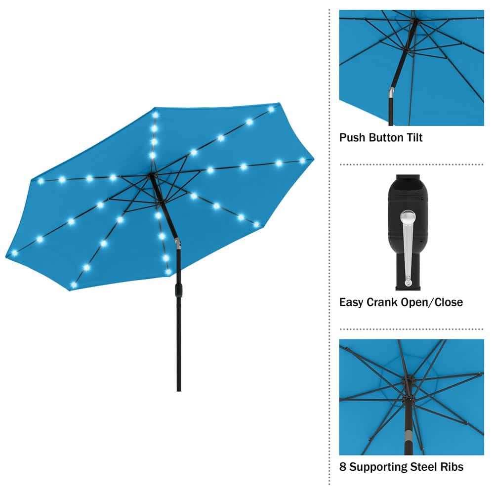 Bright Blue 10-Foot Solar LED Patio Umbrella with Steel Frame