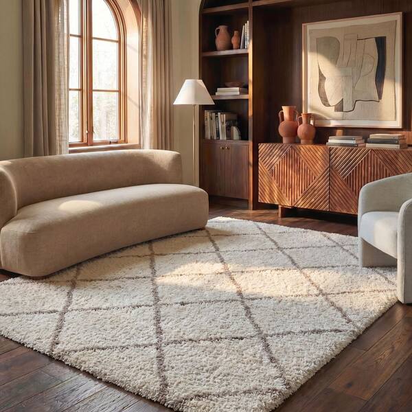 Hudson Shag 11 ft. x 15 ft. Ivory/Beige Geometric Diamonds Area Rug