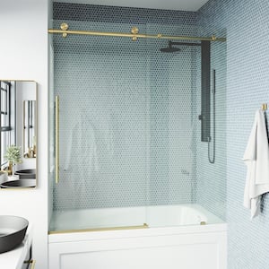Elan E-Class 56 to 60 in. W x 66 in. H Sliding Frameless Tub Door in Matte Gold with 3/8 in. (10mm) Clear Glass