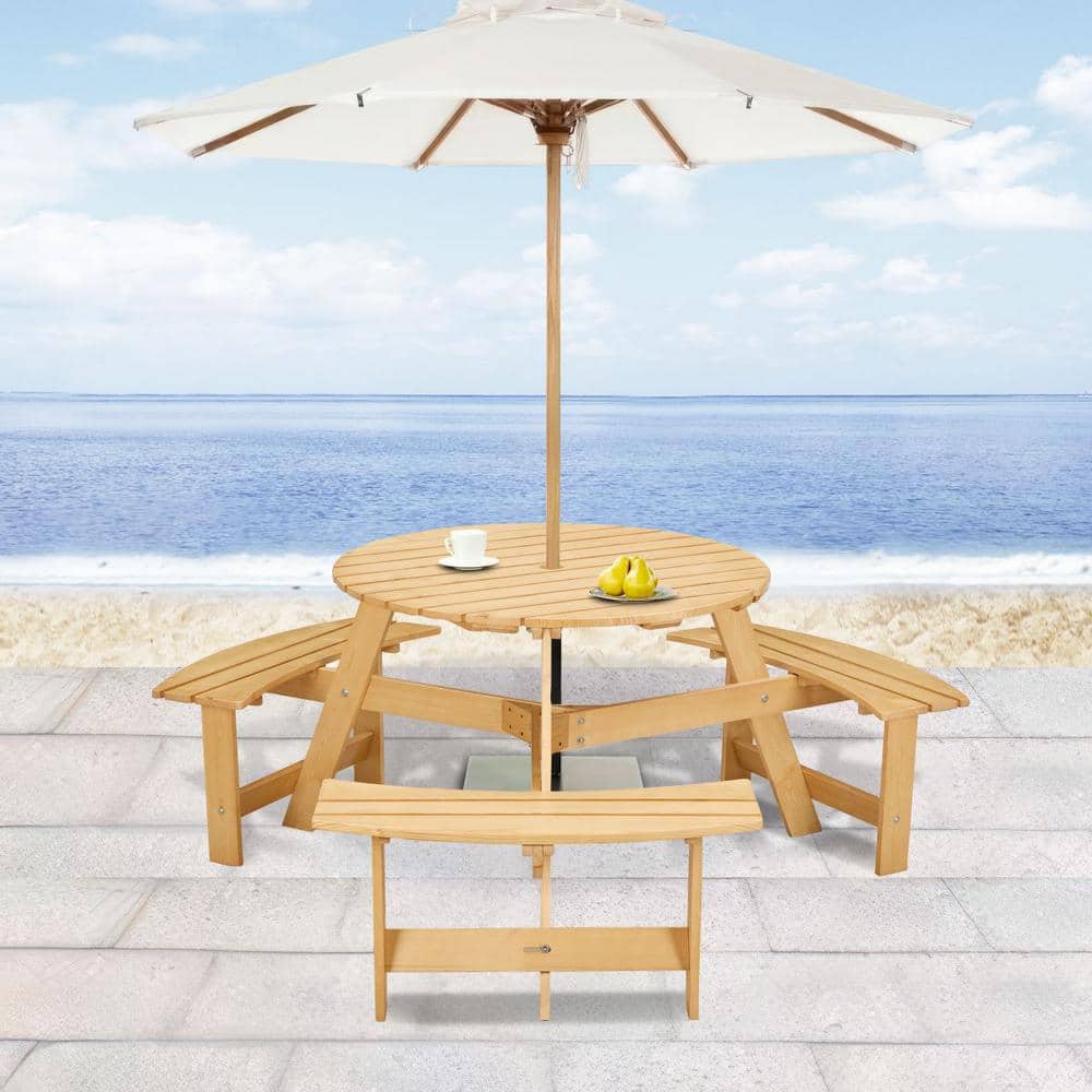 63 in. Natural Wood Round Picnic Tables Seats 6 People with Umbrella Hole a