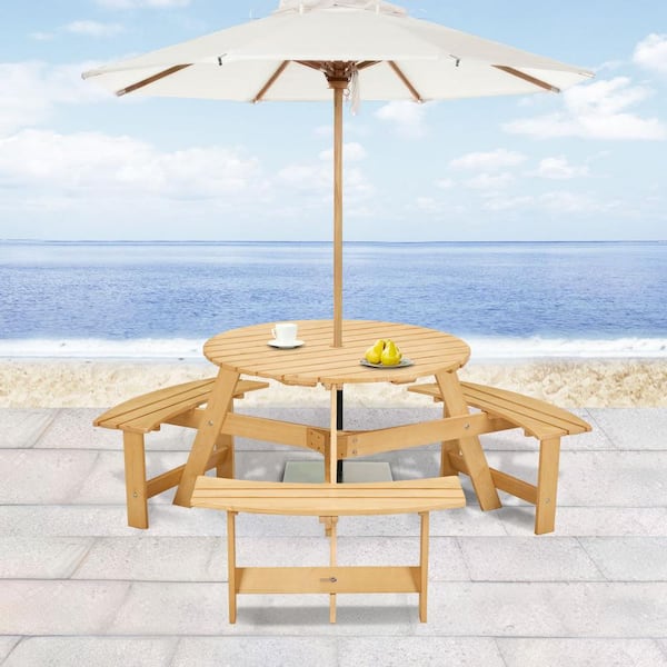 Unbranded 63 in. Natural Wood Round Picnic Tables Seats 6 People with Umbrella Hole and 3 Built-in Benches