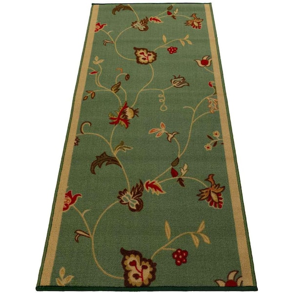 RugStylesOnline Scroll Flowers Green 36 in. W x 436 in. L Stair Runner 96.09 sq. ft.