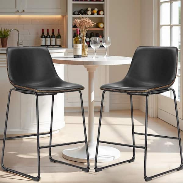 Black Faux Leather 30 in. Counter Height Bar Stools Set of 2 with Back and Metal Leg for Kitchen Island