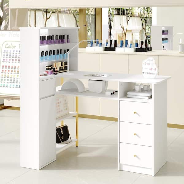 1-Piece White Wood Manicure Vanity Table, Makeup Vanity, Nail Art Work Desk with 3-Drawer, 7-Shelf & Dust Collector