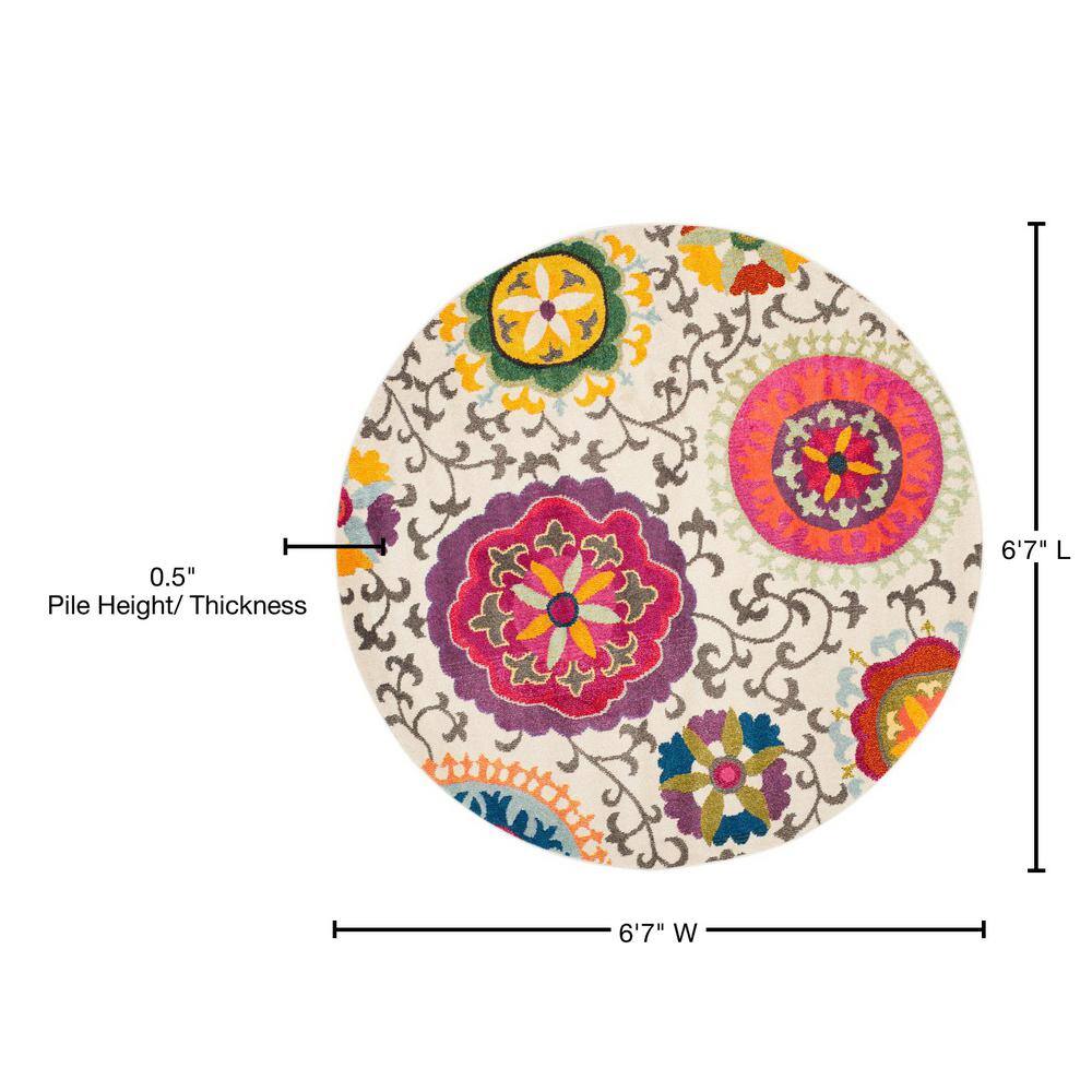 Ivory Floral Memory Foam Round Rug with Easy Care Synthetic