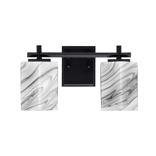 Unbranded Bridgewater 14 in. 2 Light Vanity Light Matte Black with 3.5 in. Square Onyx Swirl Glass Shades, No Bulbs Included