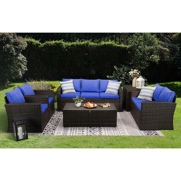 EDYO LIVING 6-Piece Wicker Patio Conversation Set with Blue Cushions