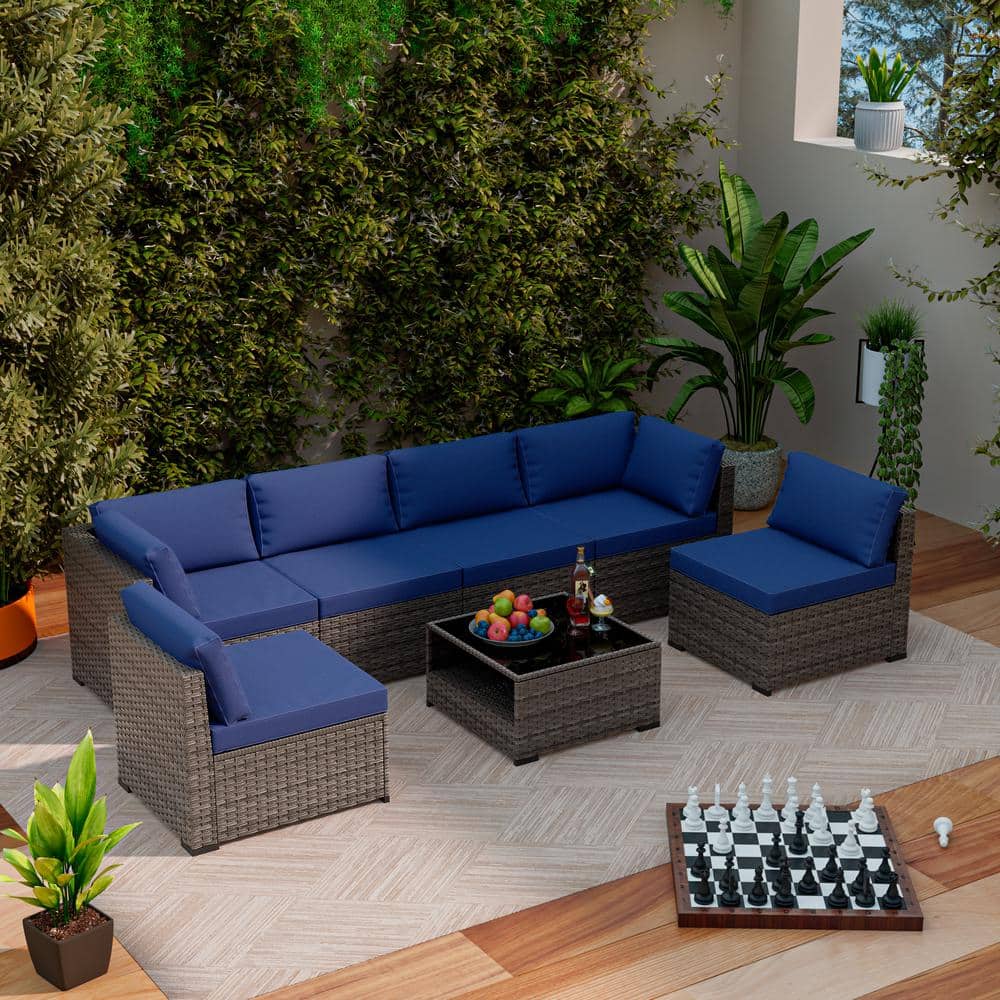 7-Piece Brown Wicker Rattan Outdoor Patio Conversation Seating Set with Coffee Tables and Blue Cushions price history on PriceWatchPro