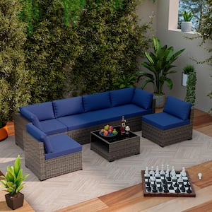 7-Piece Wicker Outdoor Patio Sectional Sofa Conversation Set with Blue Cushions