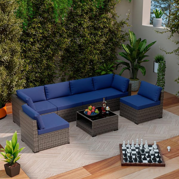 Gardenbee 7-Piece Wicker Outdoor Patio Sectional Sofa Conversation Set with Blue Cushions