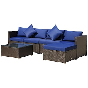 6-Piece Wicker Patio Conversation Set with Blue Cushions and Throw Pillows