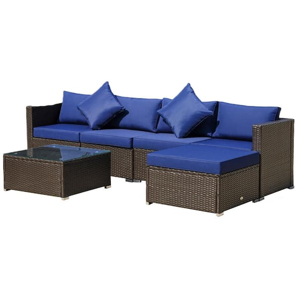 FORCLOVER 6-Piece Wicker Patio Conversation Set with Blue Cushions and Throw Pillows