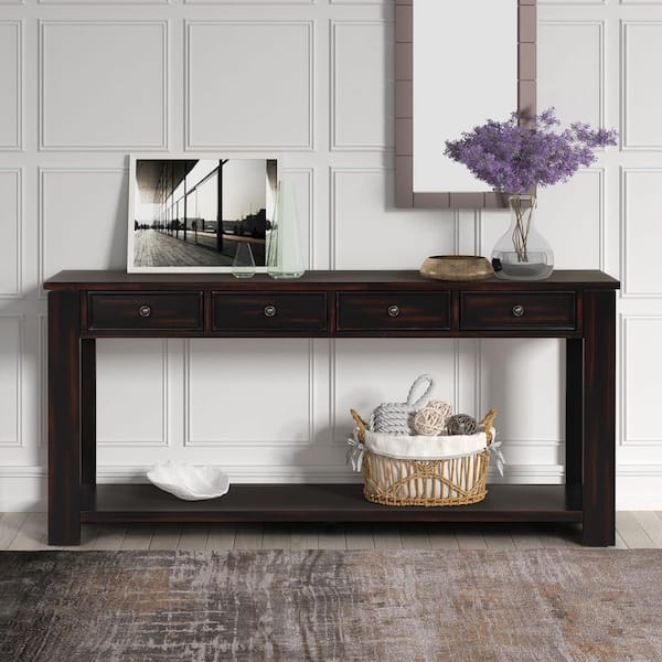 GODEER 64 in. Black Standard Rectangle Wood Console Table with Storage  Drawers and Bottom Shelf WF189615AAB - The Home Depot
