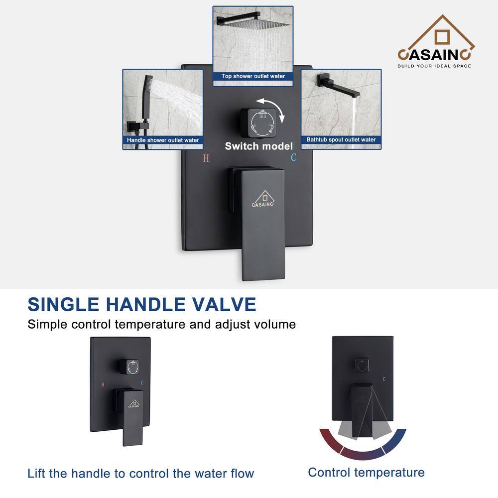 Matte Black 12" Wall Mount Square Shower System with Handheld Spray