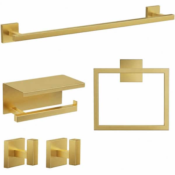 5-Piece Wall-Mounted Bathroom Hardware Set, Brushed Gold Stainless Steel, 23.6 in. Towel Bar