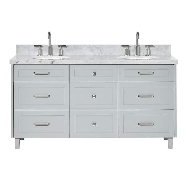 Monroe 66 in. Double Sink Freestanding Bathroom Vanity in Gray with Carrara White Marble Top