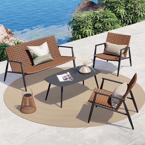 4-Piece Aluminum and Rattan Patio Conversation Set with Loveseat and Coffee Table