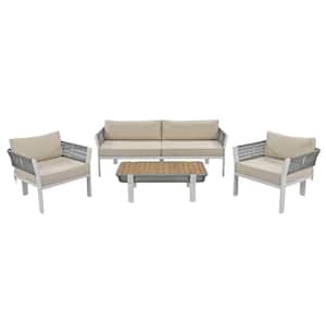 4-Piece Gray Rope Outdoor Patio Conversation Set with Coffee Table and Beige Cushions