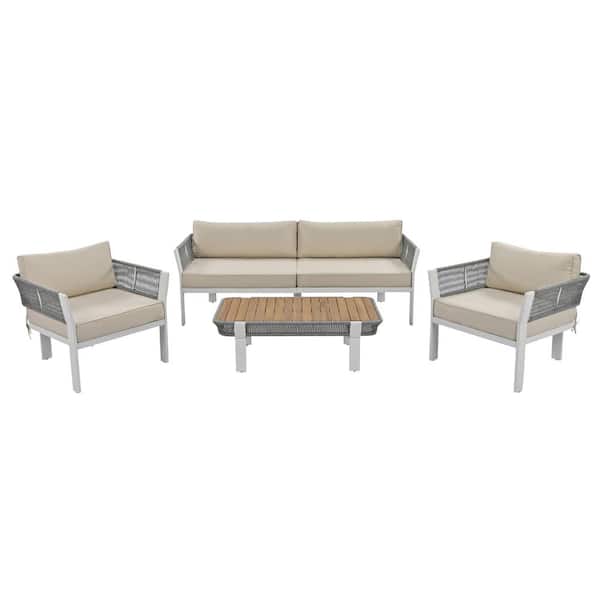 Boosicavelly 4-Piece Gray Rope Outdoor Patio Conversation Set with Coffee Table and Beige Cushions